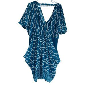 Bebe Womens Dom Chiffon Mini Dress Sz L Blue White Geometric Bodycon Draped